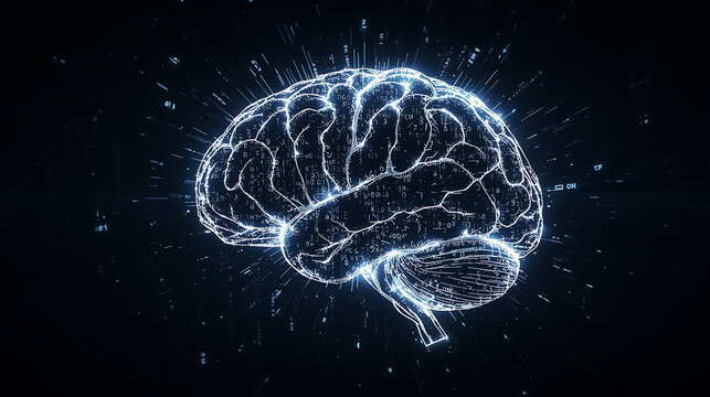 Artificial intelligence brain digital concept glowing blue on black background for science and technology