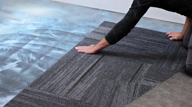 Worker carefully positions flooring carpet tiles in home improvement task to interior space.