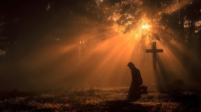Man kneeling in prayer at sunrise with cross and sunbeams