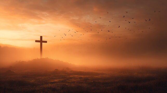 A solitary cross stands on a hill at sunrise, with a flock of birds soaring in the misty orange sky.