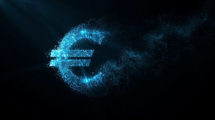 Digital euro symbol shimmering with blue light particles against a dark background creates a futuristic finance concept