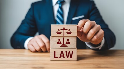 Legal advice business concept. Stacked wooden block with law icon for business legal advice, Labor law, Lawyer, Attorney at law.