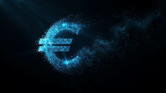 Digital euro symbol shimmering with blue light particles against a dark background creates a futuristic finance concept