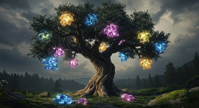 Ancient, gnarled tree bears luminous, multi-colored crystalline fruit in a darkening forest landscape