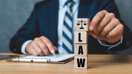 Legal advice business concept. Stacked wooden block with law icon for business legal advice, Labor law, Lawyer, Attorney at law.