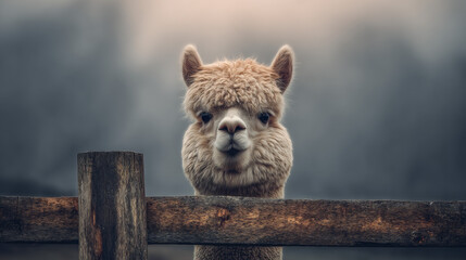 Obraz premium Curious alpaca looking over wooden farm fence