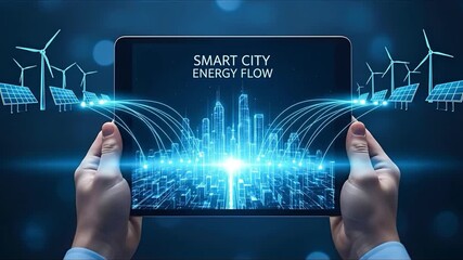 Smart city energy flow concept digital tablet display renewable wind turbines solar panels - Powered by Adobe