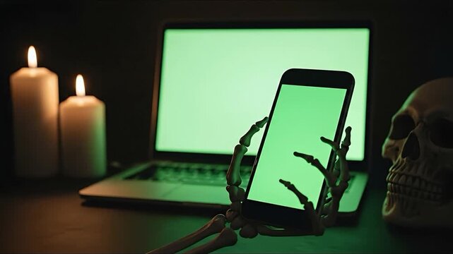 Skeleton hand holding green screen phone laptop candles skull spooky dark theme technology concept
