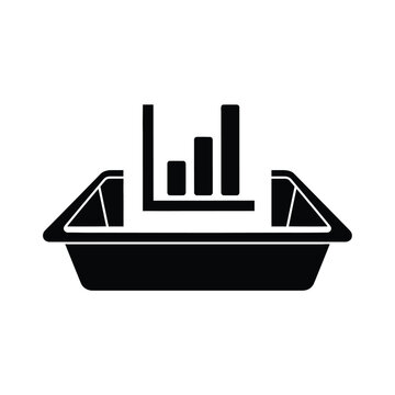 Black bar chart icon inside a black basket shape graph