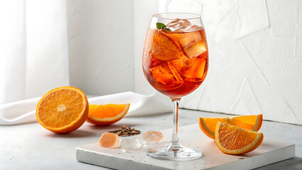Aperol spritz cocktail with orange and mint on white background