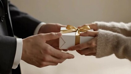 boxing day man woman exchanging gift box gold ribbon celebration