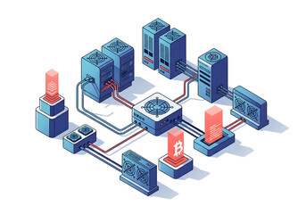 Fototapeta premium Isometric Bitcoin Mining Operation: Modern Tech 3D Illustration