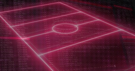 Showing neon magenta holo pitch grid with center circle midfield line goal areas, code overlays