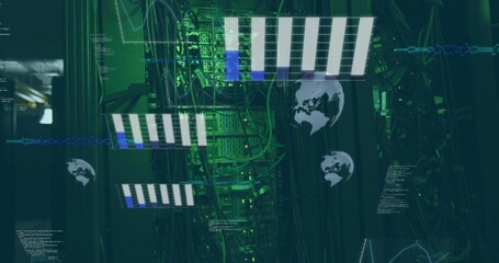 Displaying rack glowing with green LEDs, patch panels, overlays, bundled cables in data center