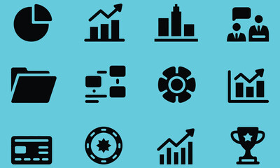 Collection of Black Business Icons on a Blue Background Representing Data Analysis Growth and Succes