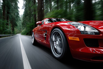 Naklejka premium Red sports car speeding through a forest road