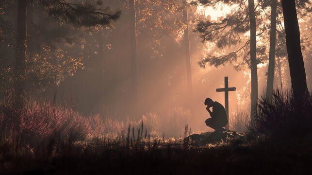 Man praying at a cross in a foggy forest at sunrise