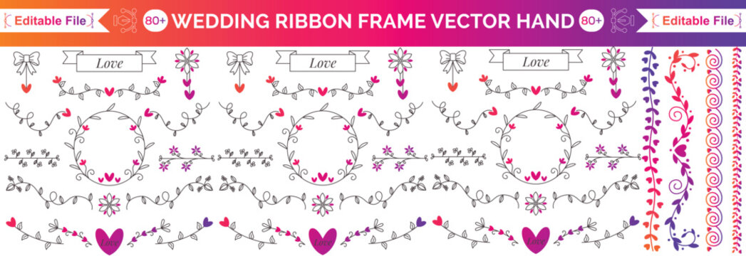 Wedding ribbon frame, doodle watercolour bow border set, vector hand drawn holiday invitation design. Coquettish girly wavy line print, birthday greeting minimalist cute decor. Elegant ribbon frame