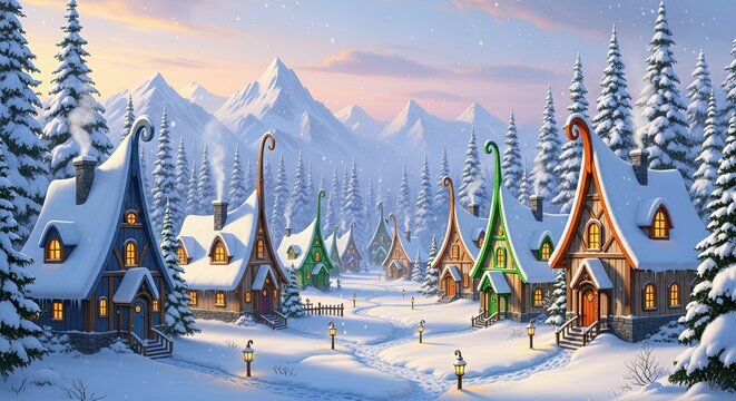 Enchanting Snowy Village Scene with Whimsical Homes and Forest