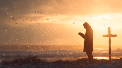 A person reads a book next to a cross on a beach at sunset with birds flying.