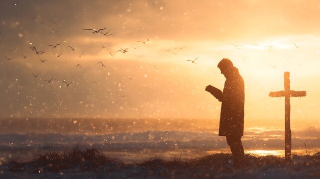 A person reads a book next to a cross on a beach at sunset with birds flying.