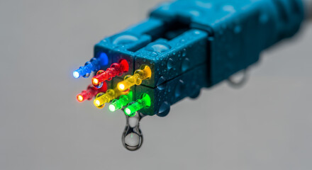 Close up of a wet blue fiber optic connector with colorful illuminated strands and a water droplet falling