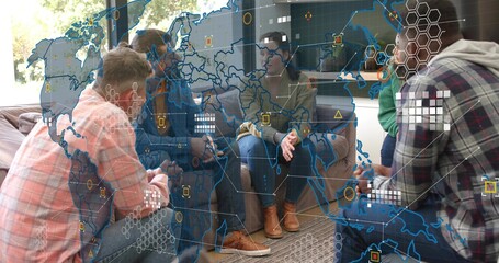 Discussing five colleagues wearing casual clothes leaning and gesturing in lounge, with map overlay