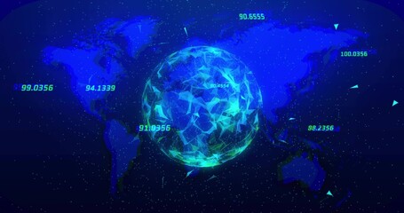 Glowing polygonal globe emitting teal light on virtual dashboard, with floating numeric labels