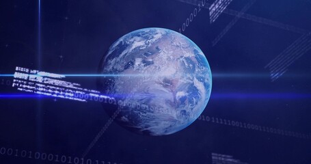 Fototapeta premium Rotating Earth-like planet showing clouds and continents in orbit, with blue beams streaming code