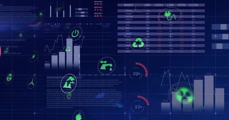 Displaying navy-blue data HUD presenting vertical bar charts, line plots, gauges, neon green icons