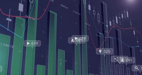 Showing financial dashboard on dark navy grid with tall bars, candlesticks, trend lines, callouts