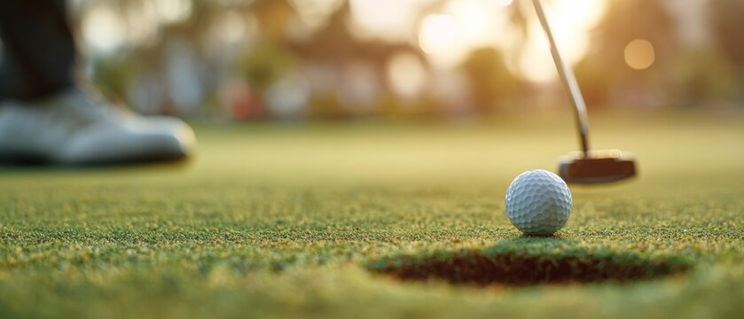 Golf ball near hole with player putting on green field