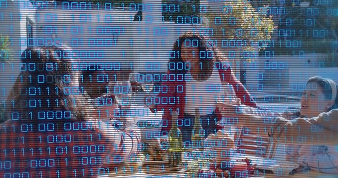 Naklejki Gathering adults in casual clothes sharing meal on deck with wooden table wine bottle code overlay