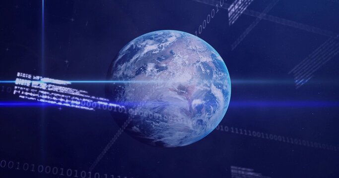 Naklejki Rotating Earth-like planet showing clouds and continents in orbit, with blue beams streaming code