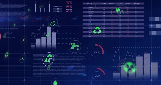 Displaying navy-blue data HUD presenting vertical bar charts, line plots, gauges, neon green icons - Powered by Adobe