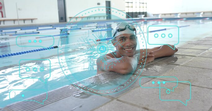 Leaning adult swimmer in trunks pushing goggles up at public pool coping, cyan AI emblem overlaying