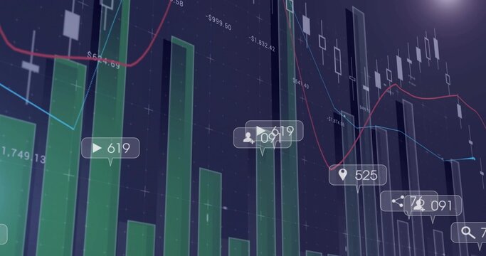 Showing financial dashboard on dark navy grid with tall bars, candlesticks, trend lines, callouts