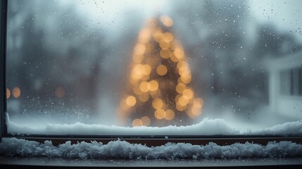 A view of a christmas tree through a snowy window on a cold winter day with water droplets on glass