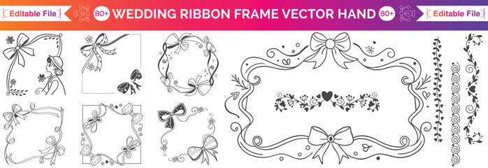 Wedding ribbon frame, doodle watercolour bow border set, vector hand drawn holiday invitation design. Coquettish girly wavy line print, birthday greeting minimalist cute decor. Elegant ribbon frame