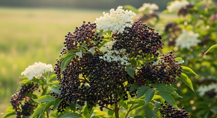 Elderberry Bush with Ripe Berries and White Flowers in Golden Hour Light
