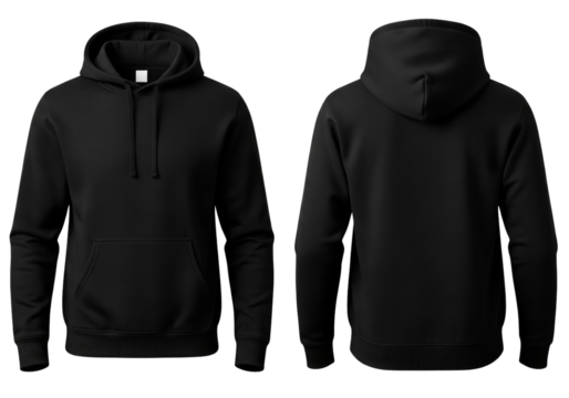 Front and back view of a blank black pullover hoodie for mockup, isolated on white - Powered by Adobe