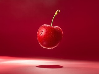 Single red cherry with water droplets suspended in air fruit studio ads