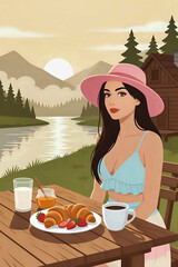 Woman at lakeside breakfast A woman in a pink hat enjoying breakfast with croissants, strawberries, and coffee by a serene mountain lake at sunrise.
