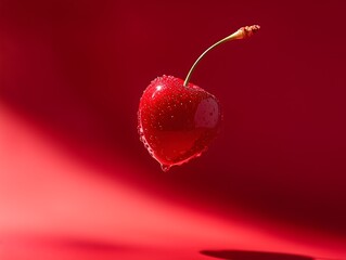 Single red cherry with water droplets on stem against red background fruit