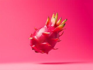 Vibrant red dragon fruit floats against a solid pink background studio