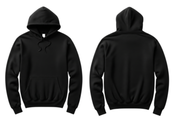 Front and back view of a blank black pullover hoodie for mockup, isolated on white