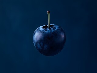 Single dark blue blueberry with a thin stem on dark background fruit studio