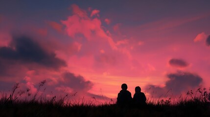 Fototapeta premium A couple sits in silhouette, enjoying a breathtaking pink and purple sunset sky with clouds over a g