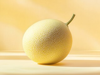 A ripe cantaloupe melon with intricate netting sits on a bright yellow surface