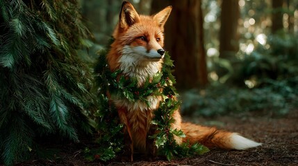 Fototapeta premium Fox with Holly Wreath in Winter Forest